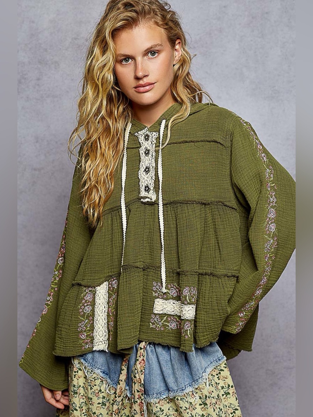 POL “Wildwood” Embroidered Cotton Gauze Hoodie Boho Top | Forrest Green